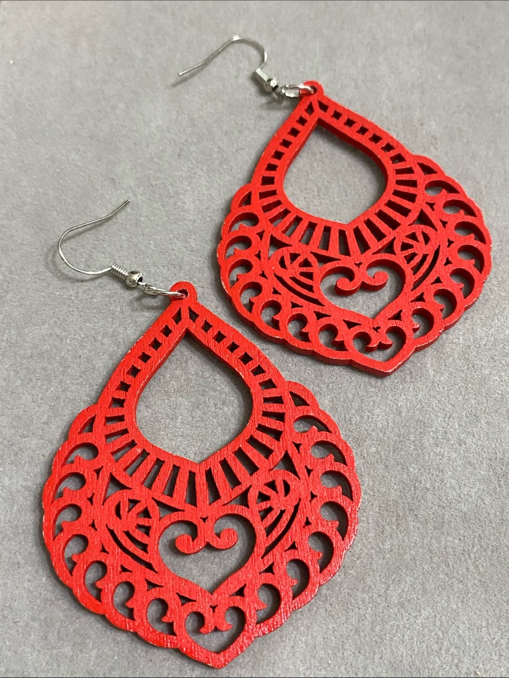 Bold Red Wooden Filigree Teardrop Earrings